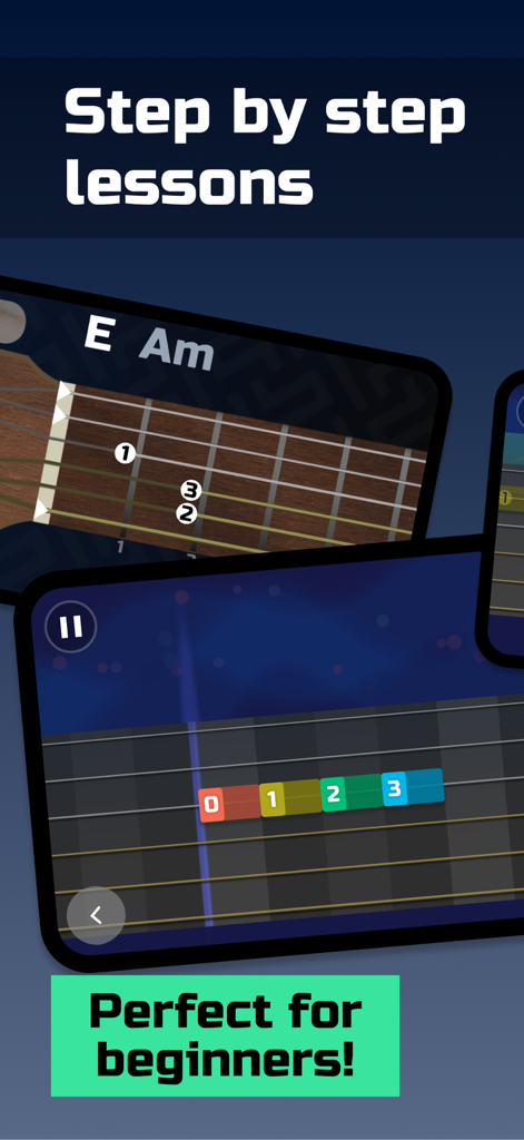 Timbro Guitar - Learn Guitar - Timbro Guitar app interface showing step by step lessons for beginners with chord diagrams