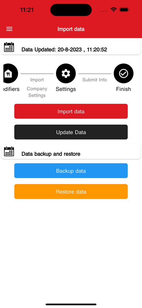Data import and backup settings screen in the Phenix Smart Waiter app