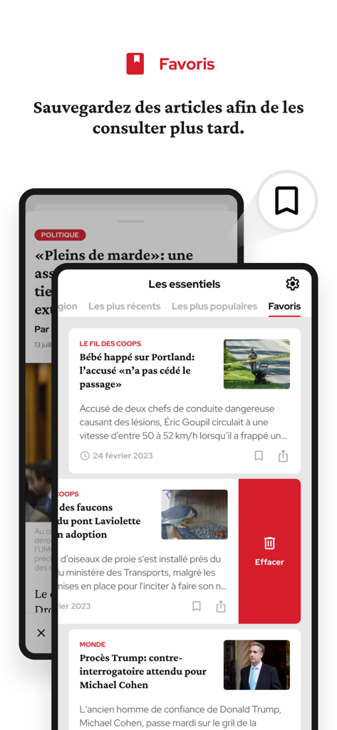 Le Quotidien - Interface de l'application d'actualités Le Quotidien montrant la section des favoris et les articles sauvegardés sur un smartphone.