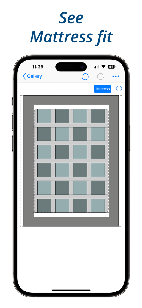 A quilt layout diagram showing the mattress fit visualization in the QuiltSize app