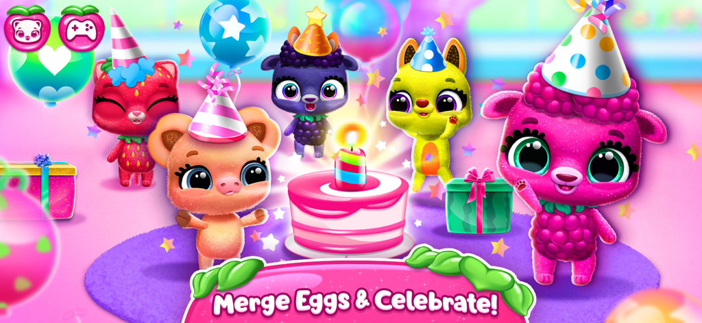 Fruitsies - Pet Friends - Five cute fruit-themed pets wearing party hats celebrating around a birthday cake with a candle and gift boxes.