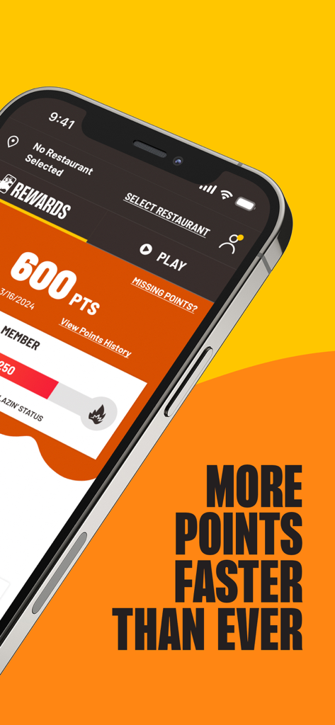 Buffalo Wild Wings - 600ポイントとロイヤルティステータスのトラッカーを表示するバッファロー・ワイルド・ウィングス・アプリのリワードインターフェース