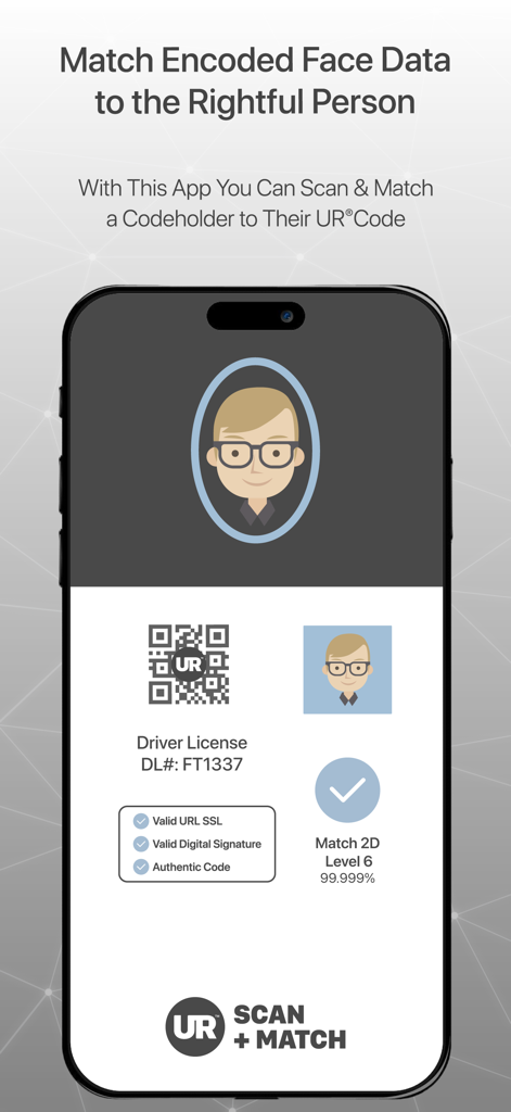 Scan + Match - Interfaz de la aplicación Scan and Match que muestra una comparación de rostros biométricos y resultados de verificación de identidad