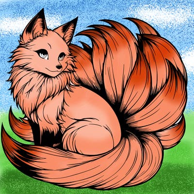 realistic detailed 9 tailed anime fox