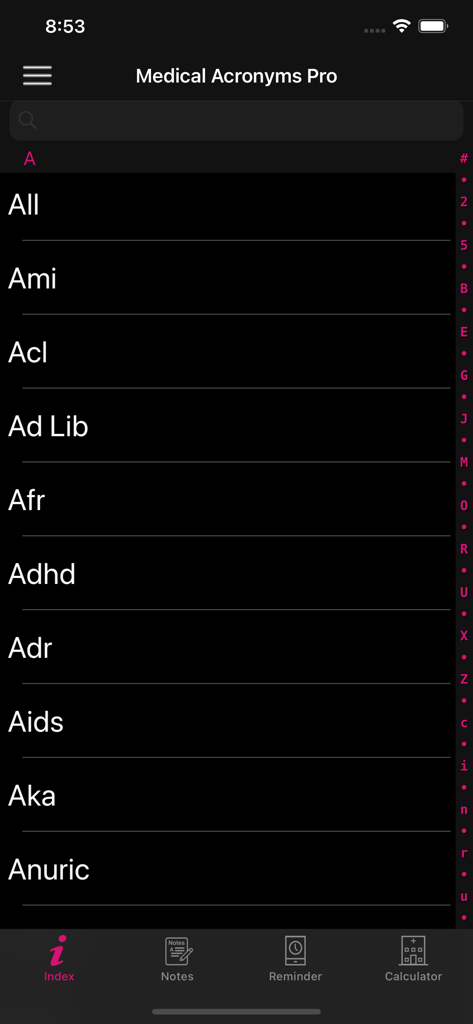 Medical Acronyms Pro app interface showing an alphabetical index of medical abbreviations starting with the letter A