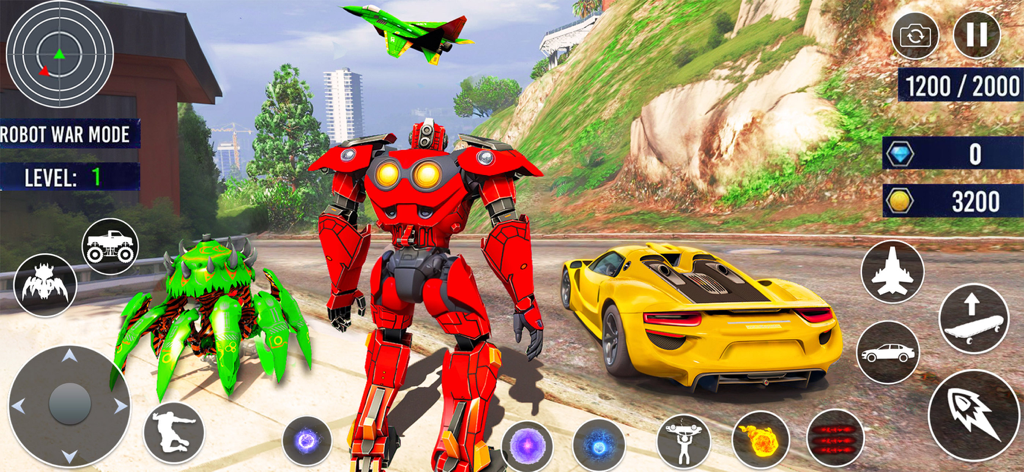 Red robot and green mechanical octopus in a 3D city battle game scene