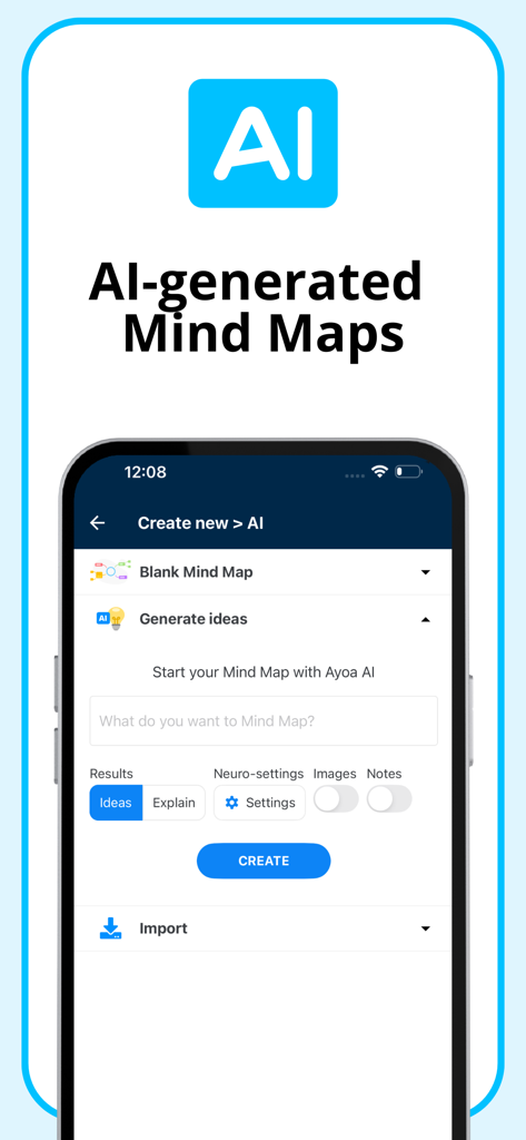 AYOA - Mind Mapping - Interface of the AYOA app showing the AI-generated mind maps feature for brainstorming and idea generation