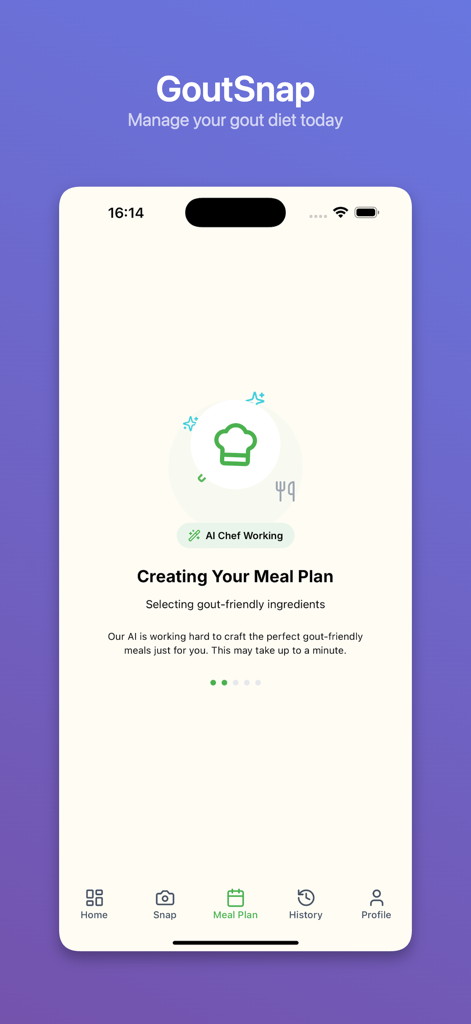 GoutSnap app loading screen showing AI generating a personalized meal plan with gout friendly ingredients