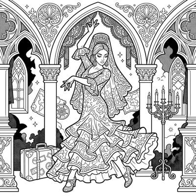 Experience the dramatic fusion of passionate Flamenco and mysterious Gothic charm with this intricate coloring page. Featuring a dancer amidst ornate architecture and travel motifs, it promises a uniquely engaging artistic escape.