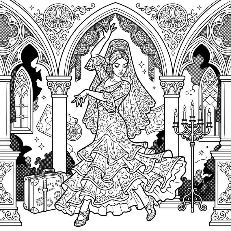 Experience the dramatic fusion of passionate Flamenco and mysterious Gothic charm with this intricate coloring page. Featuring a dancer amidst ornate architecture and travel motifs, it promises a uniquely engaging artistic escape.