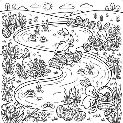Explore a delightful Easter scene where playful bunnies celebrate amidst the beauty of an oxbow lake. This charming coloring page is bursting with decorated eggs, blooming spring flowers, and adorable wildlife, perfect for inspiring creativity.