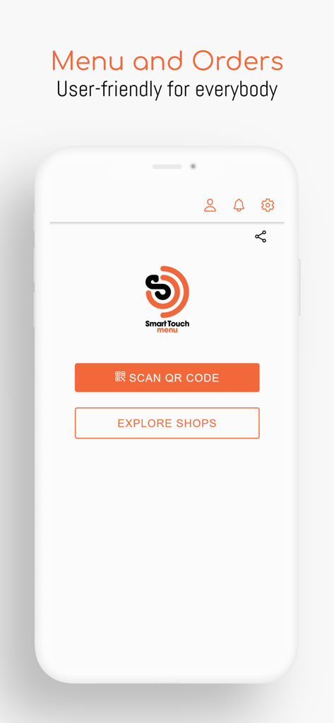 SmartTouch Menu app interface showing buttons for scanning QR codes and exploring shops