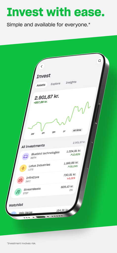 Lunar app investment screen displaying a stock performance graph and a list of asset holdings