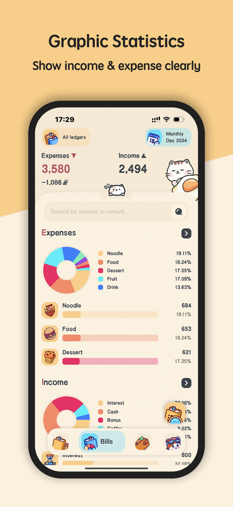 Meow Money manager - Pantalla de estadísticas de la aplicación Meow Money Manager que muestra estadísticas gráficas de gastos e ingresos con lindas ilustraciones de gatos.