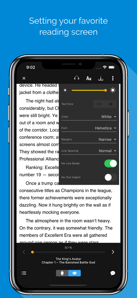 Smartphone displaying the NovelReader app's customizable reading settings including font size, color, and line spacing options.