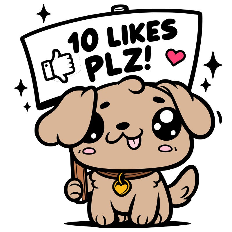 cute dog holding up a sign saying 10 likes plz!
