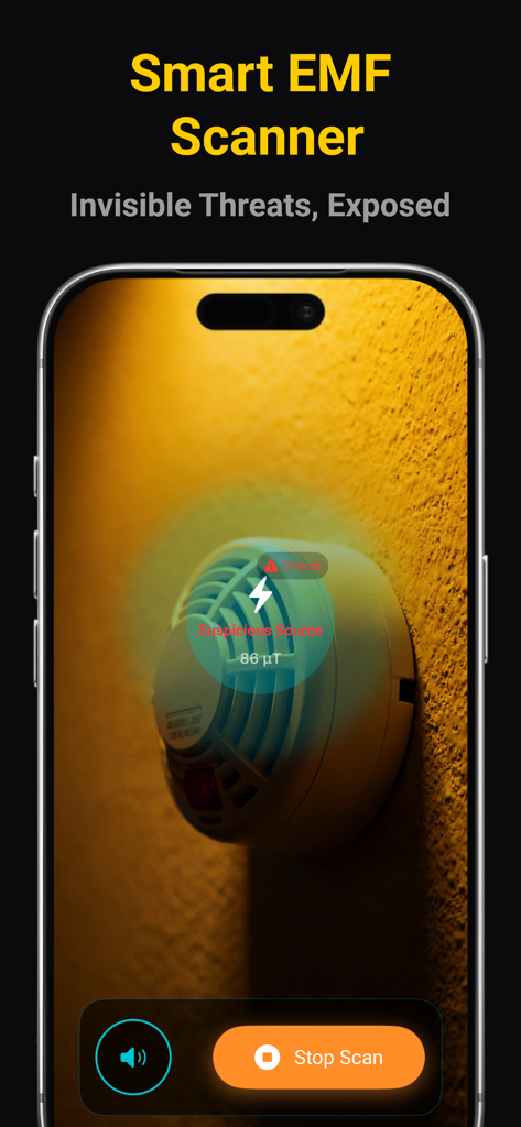 Vulk: Camera Tracker Detector - Smartphone using the Vulk app to scan a smoke detector for hidden cameras with a smart EMF scanner tool.