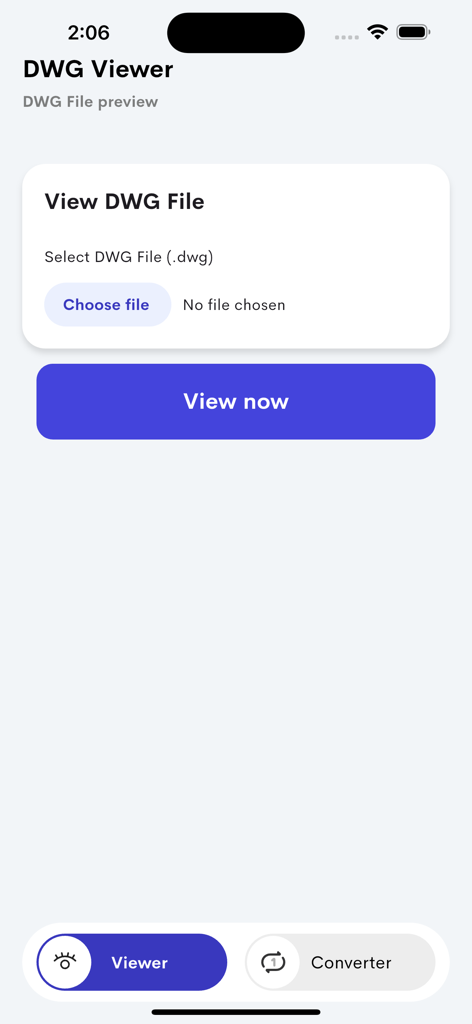 Mobile interface of the DWG Viewer app showing the screen to upload and view CAD files