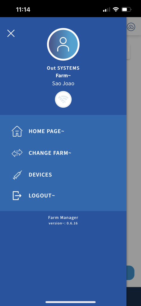 Sidebar navigation menu of the Farm Data Manager app featuring farm selection and device management options.