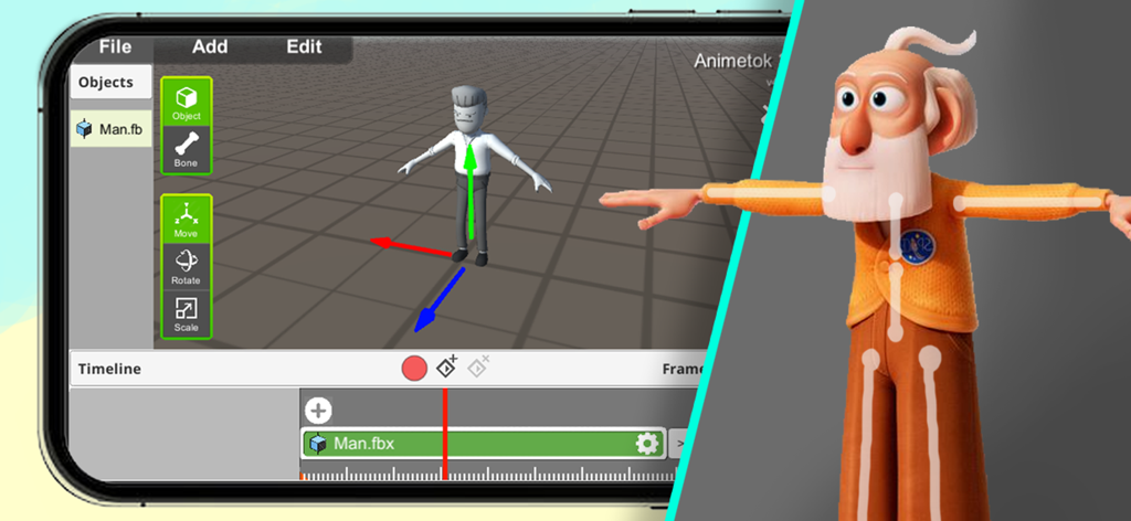 Interface of the AnimeTok 3D animation maker app showing character posing tools and a skeletal rigging view.