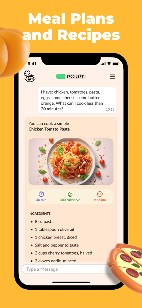 Lolo: Food & Calorie Tracker - Um ecrã de smartphone mostrando a interface de chat da app Lolo a fornecer uma sugestão de receita saudável com informações calóricas e ingredientes