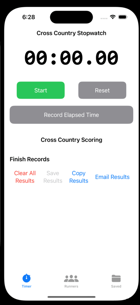 XC & Track Timer - Interface do aplicativo XC e Track Timer mostrando o cronômetro e as opções de pontuação para treinadores