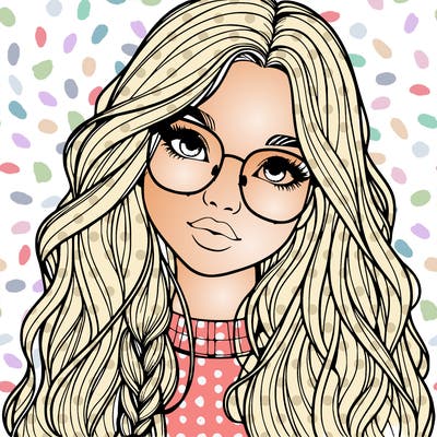girl with long hair and freckles and glasses realistic