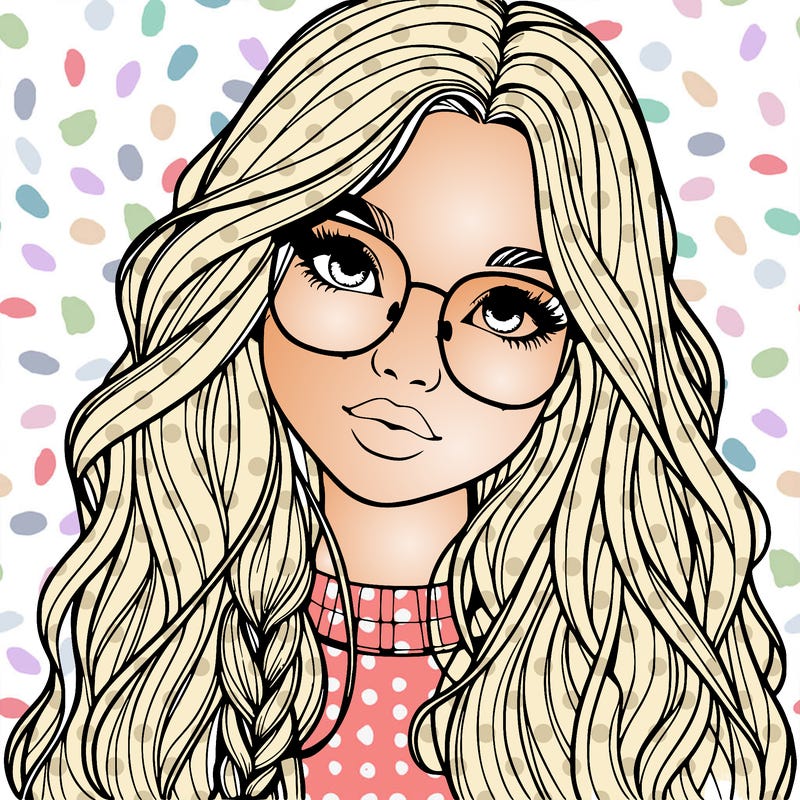 girl with long hair and freckles and glasses realistic