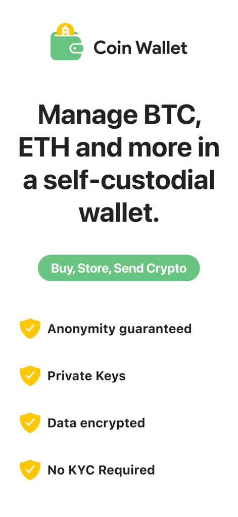 Visión general de las características de Coin Wallet, destacando la gestión autocustodiada, el anonimato y la ausencia de requisitos KYC.