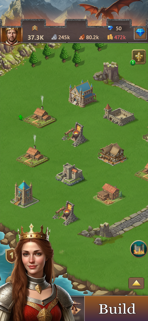 Lords of Kingdoms - Gameplay screenshot of Lords of Kingdoms showing a medieval settlement with various buildings and resource counters