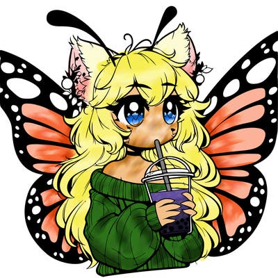 a realistic butterfly/furry girl drinking boba
