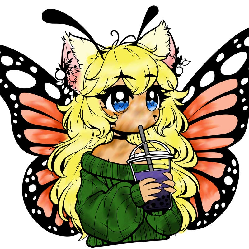 a realistic butterfly/furry girl drinking boba