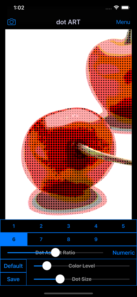 dot ART - Mosaic Effects App - Interface of dot ART app showing a halftone effect on cherries with editing sliders for color and dot size
