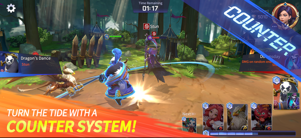 Summoners War: Lost Centuria - Batalla estratégica en tiempo real en Summoners War Lost Centuria que muestra la mecánica del sistema de contraataque.