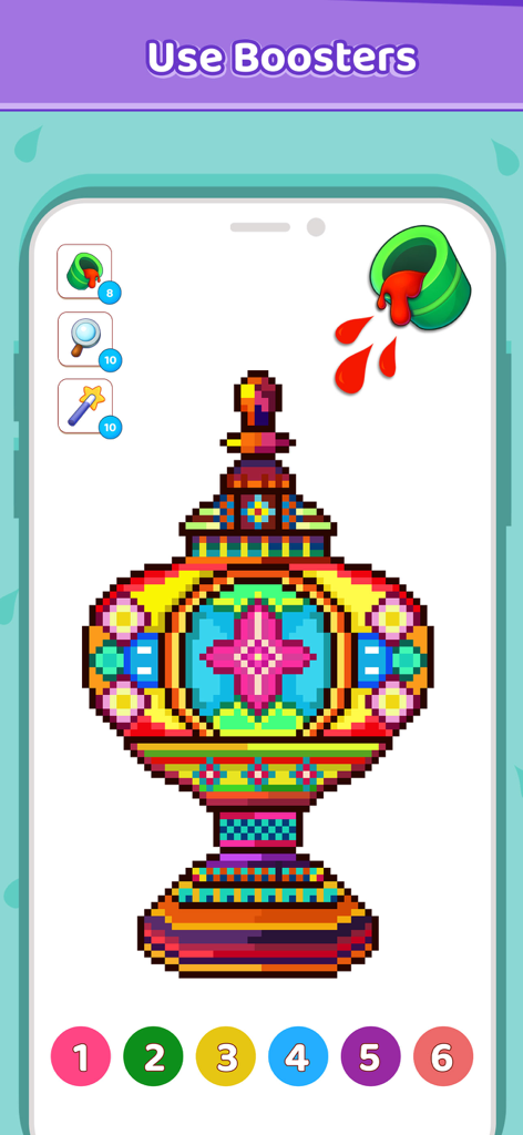 Pixel Breeze - Color By Number - Screenshot of Pixel Breeze Color By Number app showing game boosters and a colorful pixel art lamp