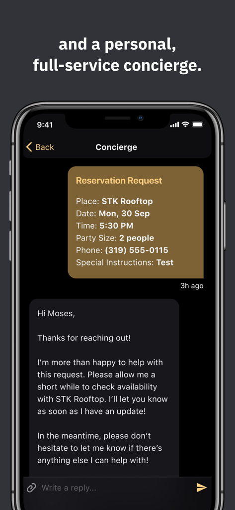 SELECT Card app concierge chat interface showing a restaurant reservation request