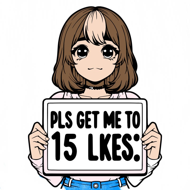 realistic girl holding up a sign that says “pls get me to 15 likes!”