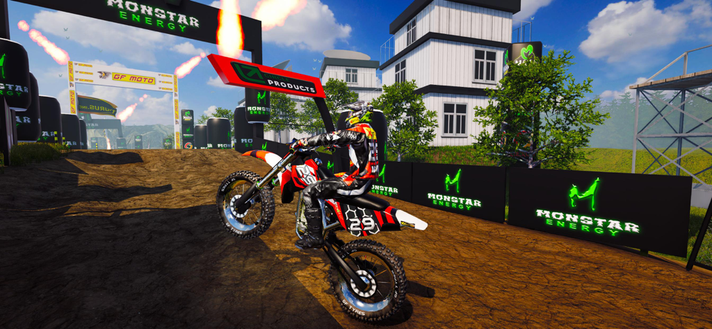 A motocross rider on a realistic 3D dirt bike racing track with professional event branding