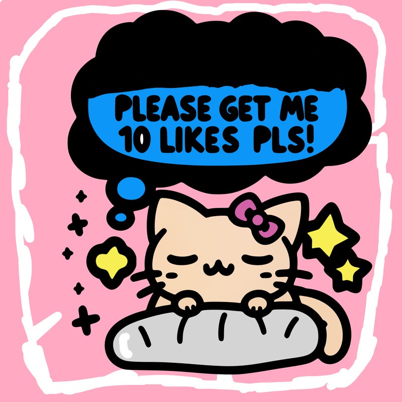 kitty taking a nap dream talking and saying "i'm new, please get me at least 10 likes pls!!"