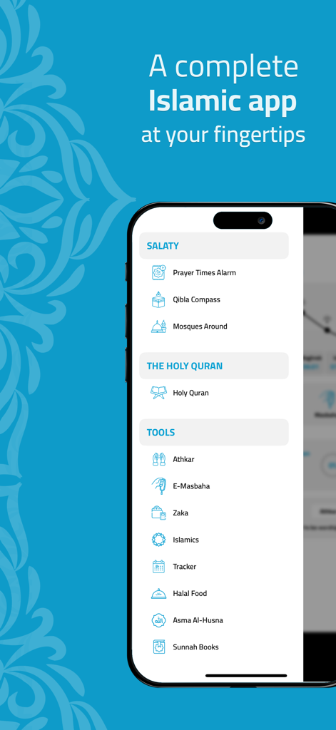السلام ختمة القران الكريم كامل - Interface of the Al Salam app showing various Islamic features like prayer times, Holy Quran, and Qibla compass.