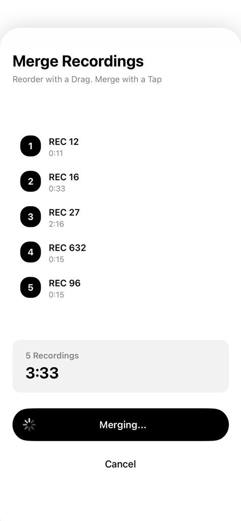Voice Memos - Merge - Interface showing multiple voice recordings being merged into a single three minute file