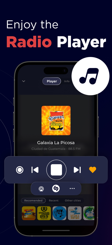 User interface of the Radio Guatemala FM Online player with playback controls and station information