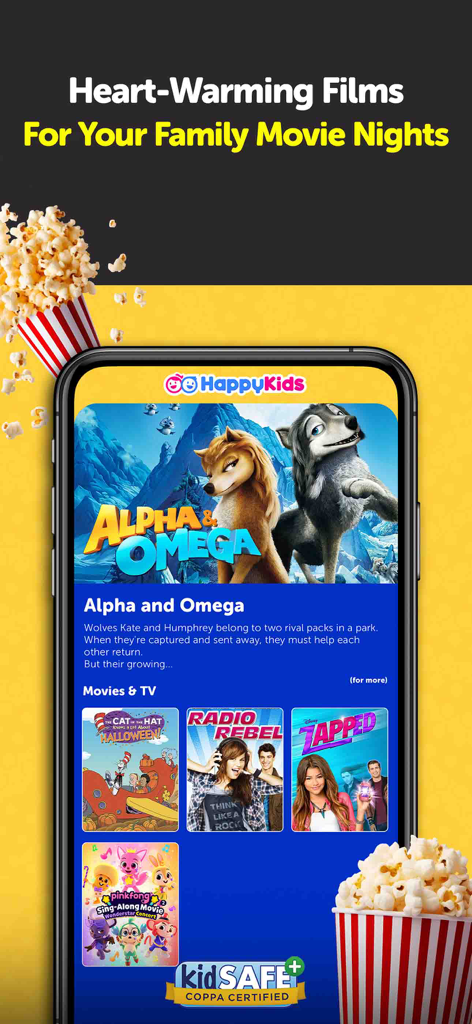 Interfaz de la aplicación HappyKids que presenta películas familiares como Alpha and Omega con certificación KidSAFE