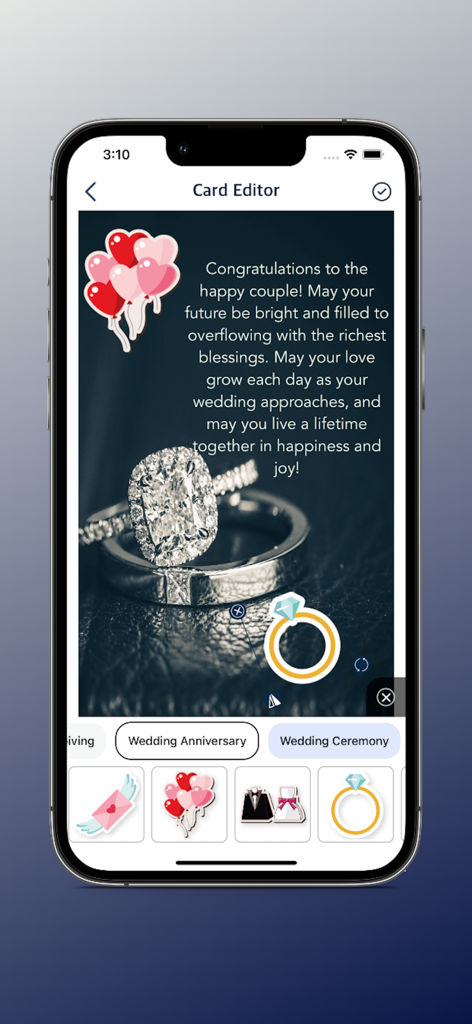 Quotes Maker Photo Editor App - A mobile interface for designing a wedding congratulations card with text overlays and romantic stickers