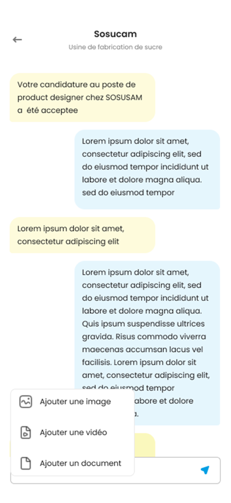 YoupiJob - Job seeking - Interface de chat de l'application mobile montrant un message d'acceptation de candidature et un menu de pièces jointes
