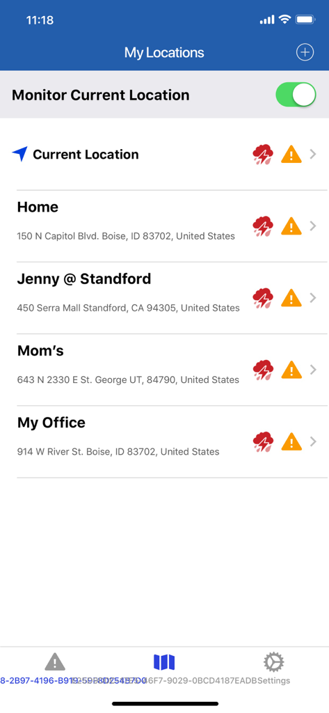 myAlerts - Oberfläche der myAlerts-App, die mehrere gespeicherte Standorte mit aktiven Wetter- und Sicherheitsbenachrichtigungssymbolen anzeigt