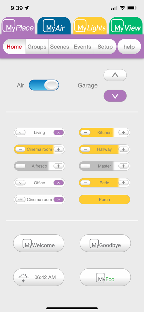 MyPlace app dashboard showing controls for air conditioning garage and individual room settings