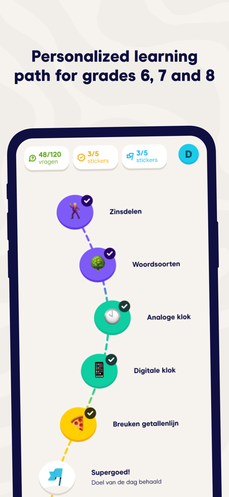 Squla - Fun learning - Personalized learning path interface in the Squla app for grades 6 to 8