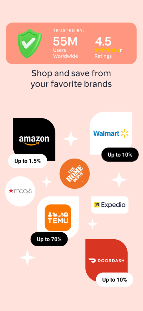 ShopBack app screen displaying cashback percentages for major brands like Amazon Walmart and Temu