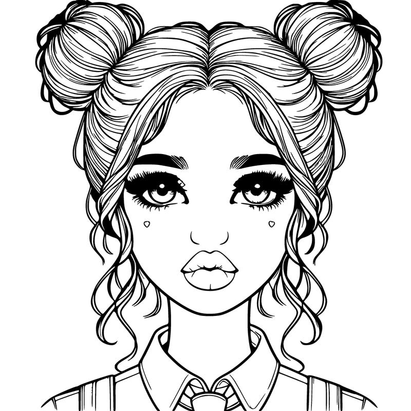 realistic girl with two buns and a uniform and lips